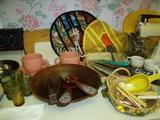 Wood salad bowl with servers and other items