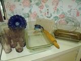 Set of glasses, baking dishes and rolling pin