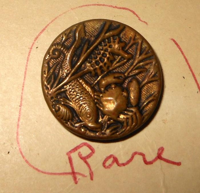 Rare or not, this Sea Life Button is exquisite showing a Fish, a Crab and a Sea Horse