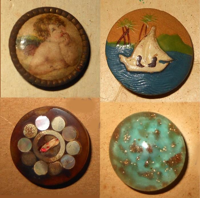 A pensive Cherub, Inlaid Horn, Paperweight and High Relief Ship asea with Palm Trees Buttons