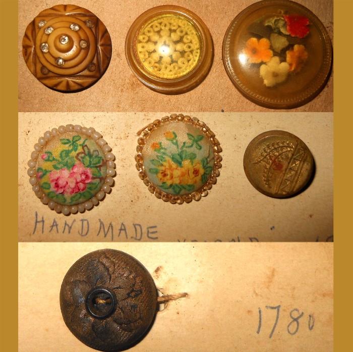 Lucite and Handmade Buttons along with a very old Button with Hand Written Info giving the date of "1780"