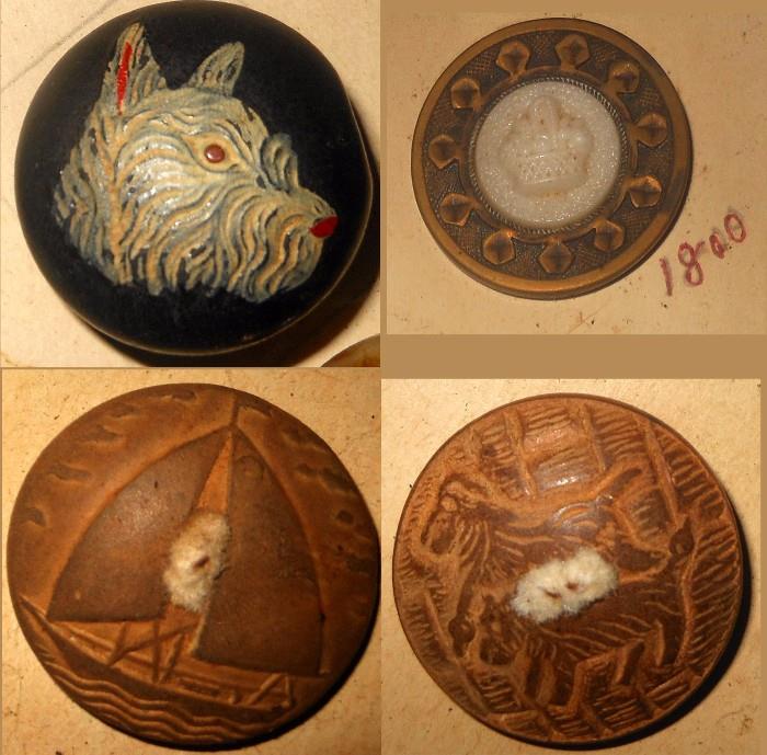 Very Cute and Nicely Detailed Scottie Button, Cameo of a Crown with hand written date of "1800", 2 nicely carved Wooden Buttons; a sailing vessel and a pair of dogs