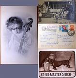 Lady with Instrument is signed H.A. Weiss, USSR Postcard from 1963 and Cute Dog Drinking Beer