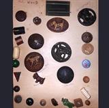 Very nice Carved Wooden Buttons, large one in Center is a Horse's Head, below is a Skier, to the left is a Long Horned Deer, above a Scottie Dog. The Green Sailor is the Cracker Jack Sailor.