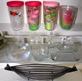 Flamingo Tervis Tumblers, Mid Century Modern Glassware and Metal Center Pc. Dish