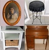 Antique Framed Photo, Small Table with Resin Top that appears to be a tablecloth, Glass top Table and Small Roll Top Desk that needs a little TLC