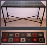 Heavy Wrought Iron Entry or Sofa Table with Glass Top and Colorful Runner