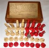 Small Chess Set with card enclosed stating "When in Exile from France in the early 1800s, Louis Phillipe was a frequent guest of my great great grandfather, Henry Towle, in his home in Boston, Mass, and on one of his visits presented him with this chess set. "