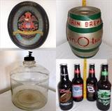 Anheuser-Busch Brewing Association Tray, Large Erin Brew Barrel, Antique Perfection Stove Co. Oil/Kerosene Dispenser and Large Glass Collector Beer Bottles