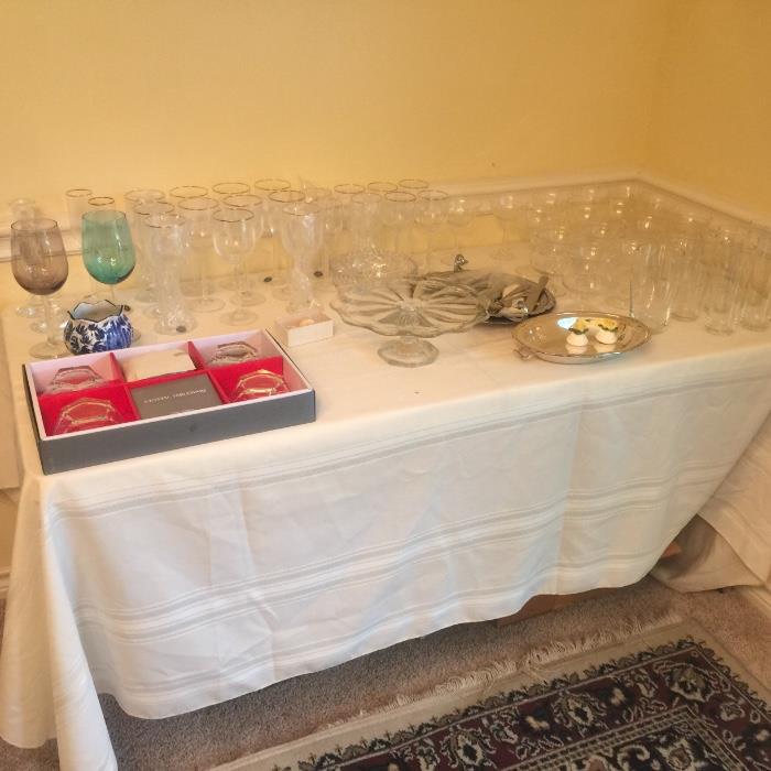 Lennox crystal wine and water glasses, Antique tiffin glass and 1950's vintage glassware.