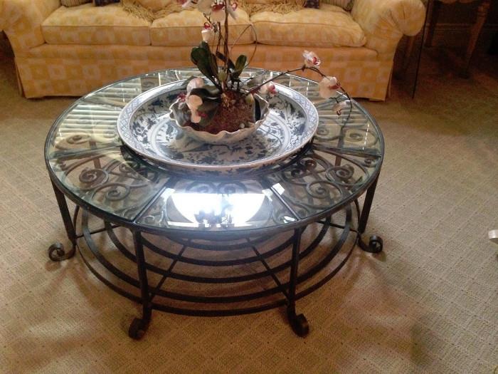 Lovely wrought iron coffee table with large blue and white basin, beveled glass pieces are individual.  