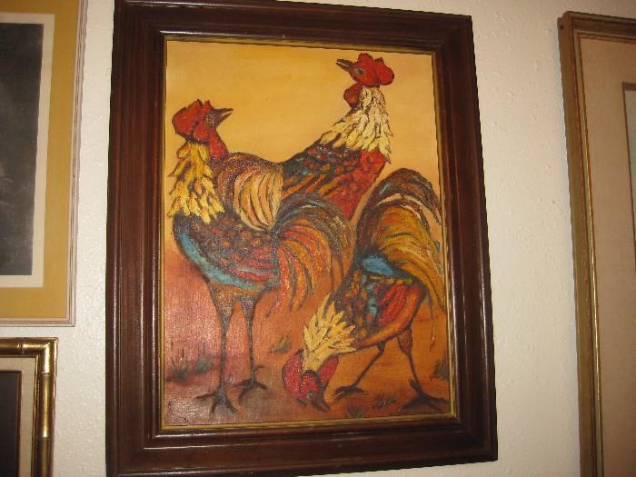 Vintage oil painting of Roosters by Helen Gearhart - Virginia artist