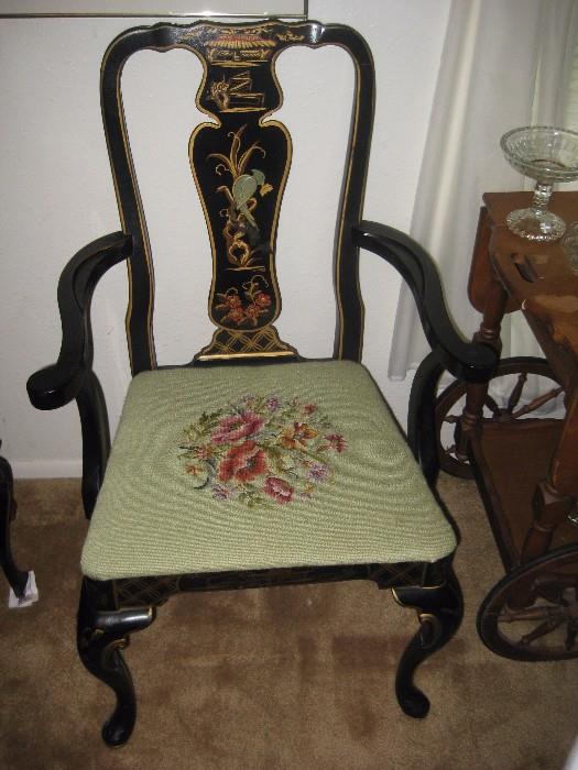 Needlepoint cushions on the Asian style chairs