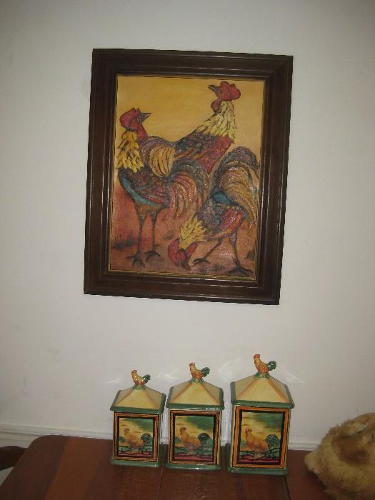 Rooster painting, canister set and underneath an adorable all wood folding table