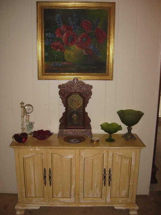 Antique kitchen clock, small cabinet and beautiful antique Poppies Painting