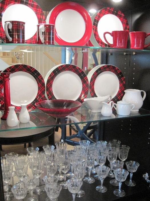 Tartan pattern dishes. Stoneware dishes. Elegant glassware.