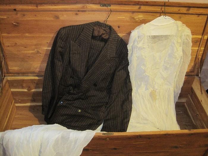 Cedar chest. Vintage wedding clothes.