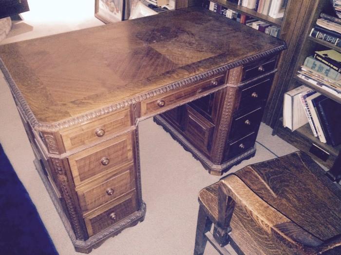 Walnut Ladies Partners Desk, Hand Carved in 1910 by Swedish Immigrents    Must See to Appreciate.........