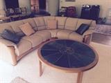 Mid Century Modern Swedish Pie Shaped Slate Top Round Coffee Table.  Norwegian Ekorne's Leather Sectional Sofa.