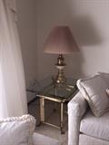 SMALL GLASS TOP GOLD TABLE & DUSTY ROSE SHADE LAMP