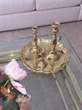 GOLD-TONE CANDLEHOLDERS WITH TRAY
