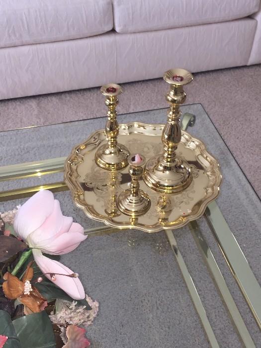 GOLD-TONE CANDLEHOLDERS WITH TRAY