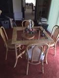 WICKER & BAMBOO TABLE WITH GLASS-TOP AND 4 CHAIRS