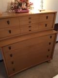 BLONDE WOOD TALL MID-CENTURY MODERN DRESSER / HIGHBOY