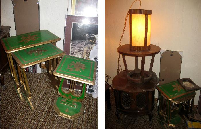 STACK TABLES, RETRO ROUND CEILING LAMP AND RETRO SIDE TABLE