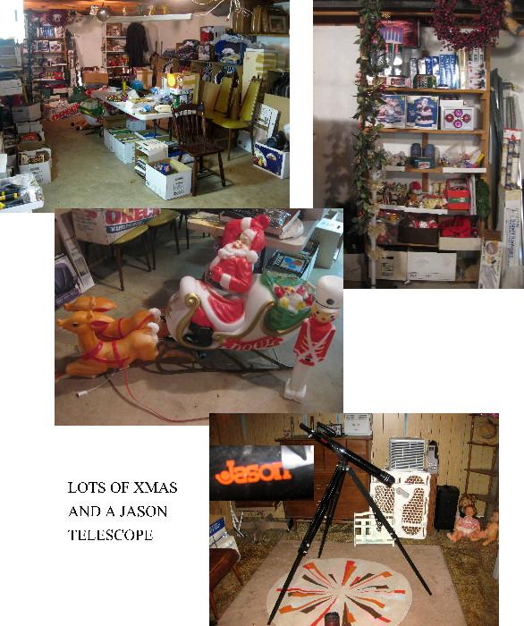 CHRISTMAS ORNAMENTS, LARGE SANTA AND REINDEER'S WITH SLED, JASON TELESCOPE