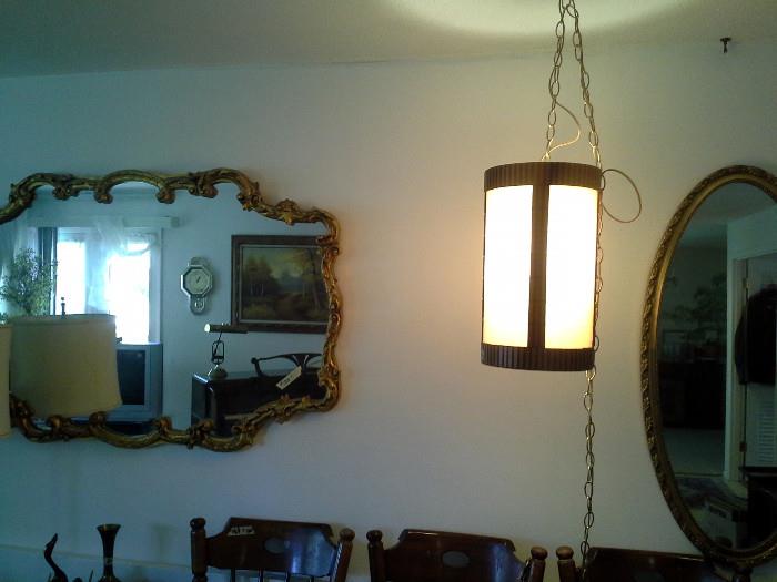 Large gold framed mirror, Retro hanging lamp