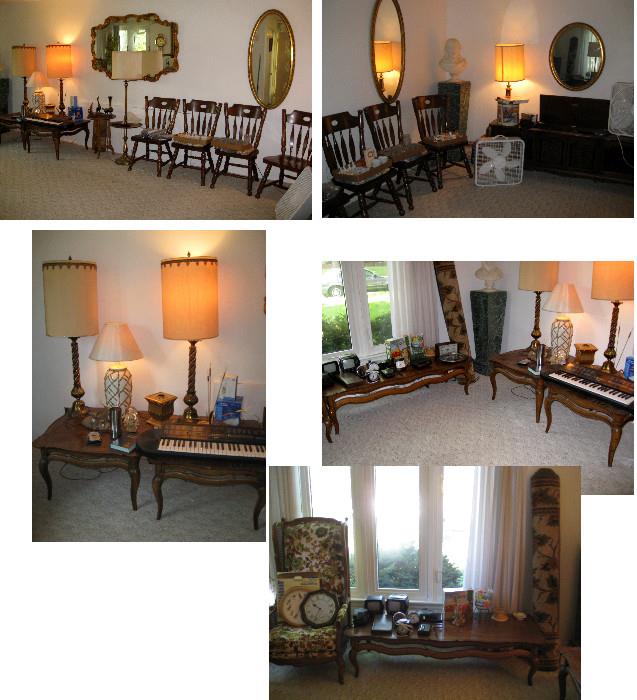 Various living room furniture, lamps, tables, mirrors etc.