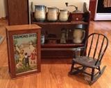 Diamond Dye Cabinet (The Mansion) Child's Rocker, Coffee Grinders, Stoneware pitchers