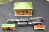 259E Locomotive, Box Car #2655, Pre War #813 (Orange/Green) Cattle Car, Pre War “Lionel Station” #124 Train Station, Track