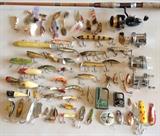 Fishing Lures, Fishing poles, Fishing reels including Fflueger, Great Lakes and Shakespeare 