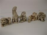 77.	5 Ivory Netsuke Figures, circa 1940  Pre-sale Est. $125 EACH
This is a group of early carved ivory netsuke animal figures, each are well carved and have the appropriate holes to attach to cords as needed. These will be offered as individual items

