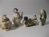 78.	4 Ivory Netsuke Figures, circa 1940  Pre-sale Est. $125 EACH
This is a group of early carved ivory netsuke figurines, each are well carved and have the appropriate holes to attach to cords as needed. These will be offered as individual items

