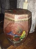 Octagonal wood barrel (?), handpainted, in rough shape, 18"