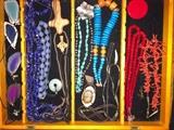 Vintage and artisan costume jewelry, many natural stones, glass, beading. Also, some gold and silver (ask to see).