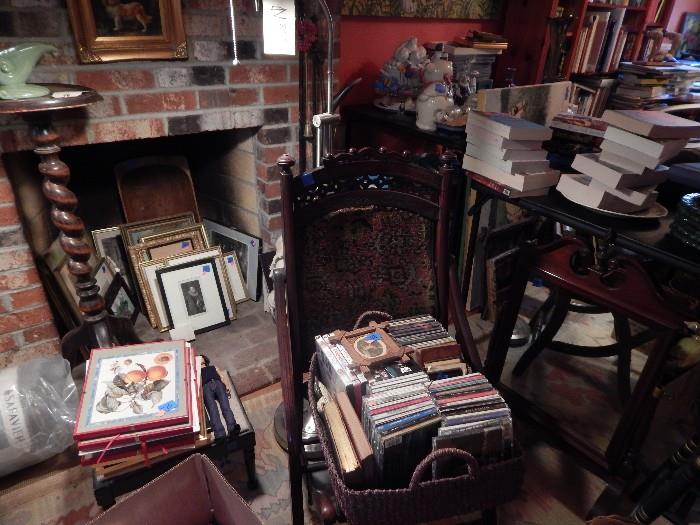 Antique chair, prints, books, cd's, plant stand and more.