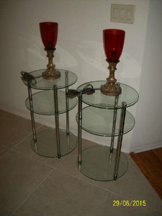 Pair of metal and glass side tables, pair of red crackle glass shape lamps