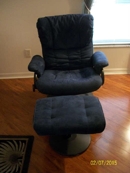 Blue micro-suede recliner chair and ottoman