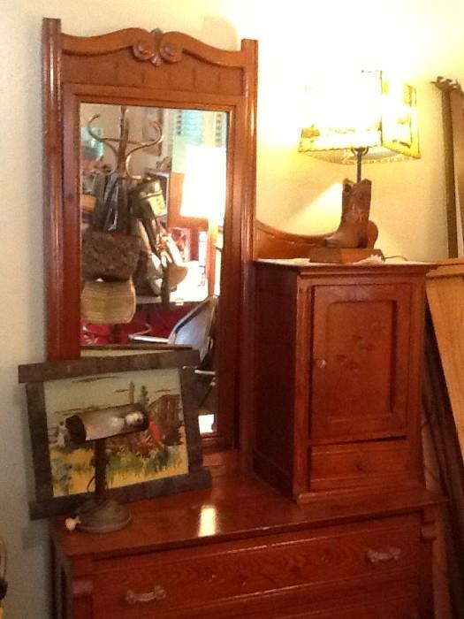 Beautiful "Bonnet Chest"; Pair of precious Cowboy Boot Lamps with original shades.