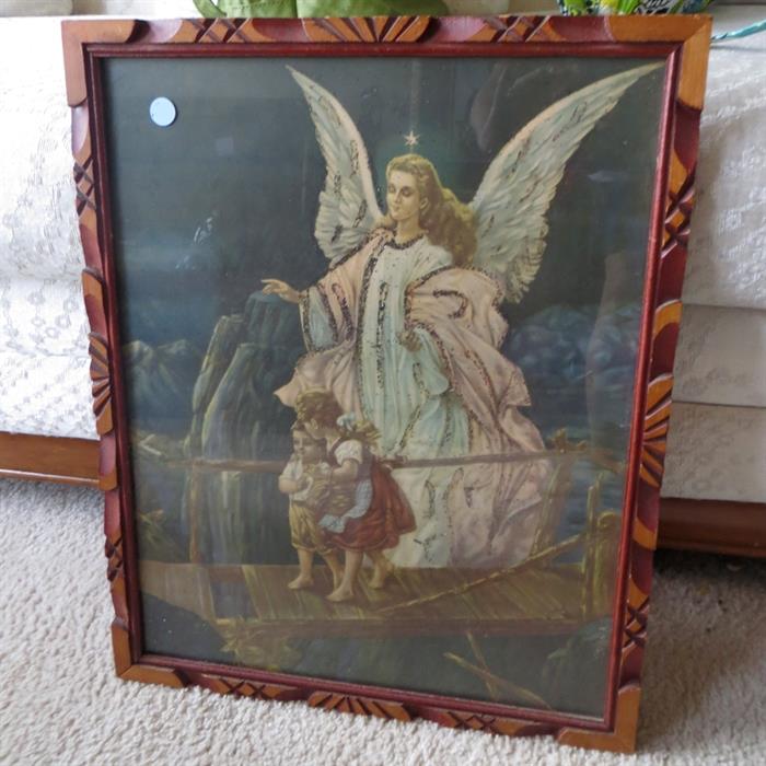 Vintage "Guardian Angel" framed print. Glittered!