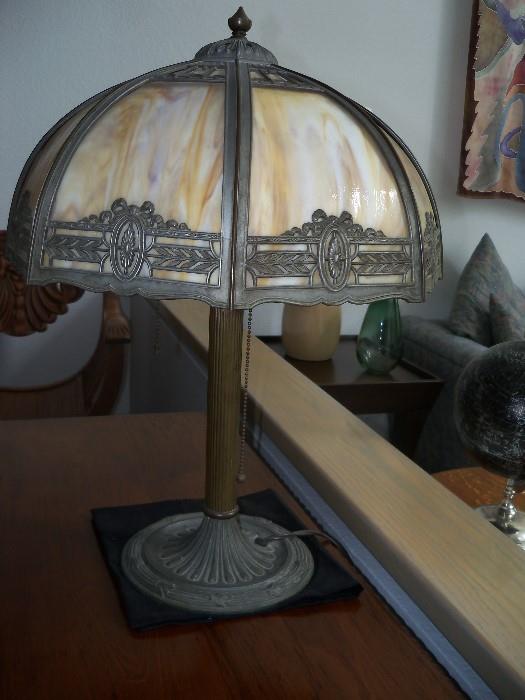 LOVELY ANTIQUE TIFFANY STYLE LAMP WITH BRASS STAND - ORIGINAL STAINED GLASS IN TACT.  IT WORKS