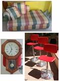 Chaise, Seiko Wall Clock, Red Adjustable Bar Stools (SOLD)