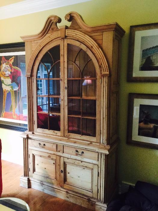 ANTIQUE FEDERAL PINE CUPBOARD HAVING TWO ARCHED GLASS PANEL DOORS.  PURCHASED AT
ROBIN'S BLUE EGG, HINSDALE  NOTE: artwork not for sale
