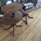Double decker oval serving table. Antique. great shape. Rich dark wood stylish legs. Nice