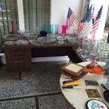 glass ware vases, flags, desk