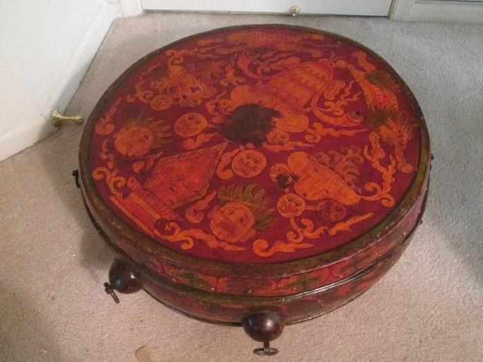 Tibetan drum would make fabulous wall or shelf decor or table (shown lying on its side)